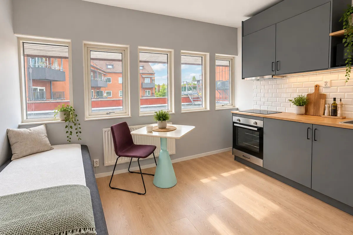 Möblerad etta på 17 m² med bädd, stol och bord vid fönstren